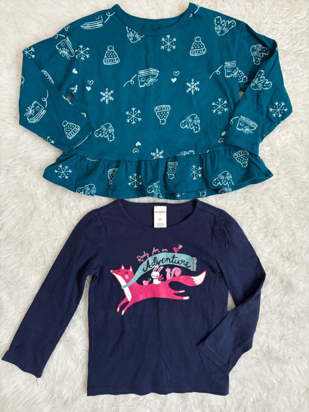 Gymboree & Carter’s Set of 2 Teal Ruffle Snowflake & Navy Fox Girls Winter Tees